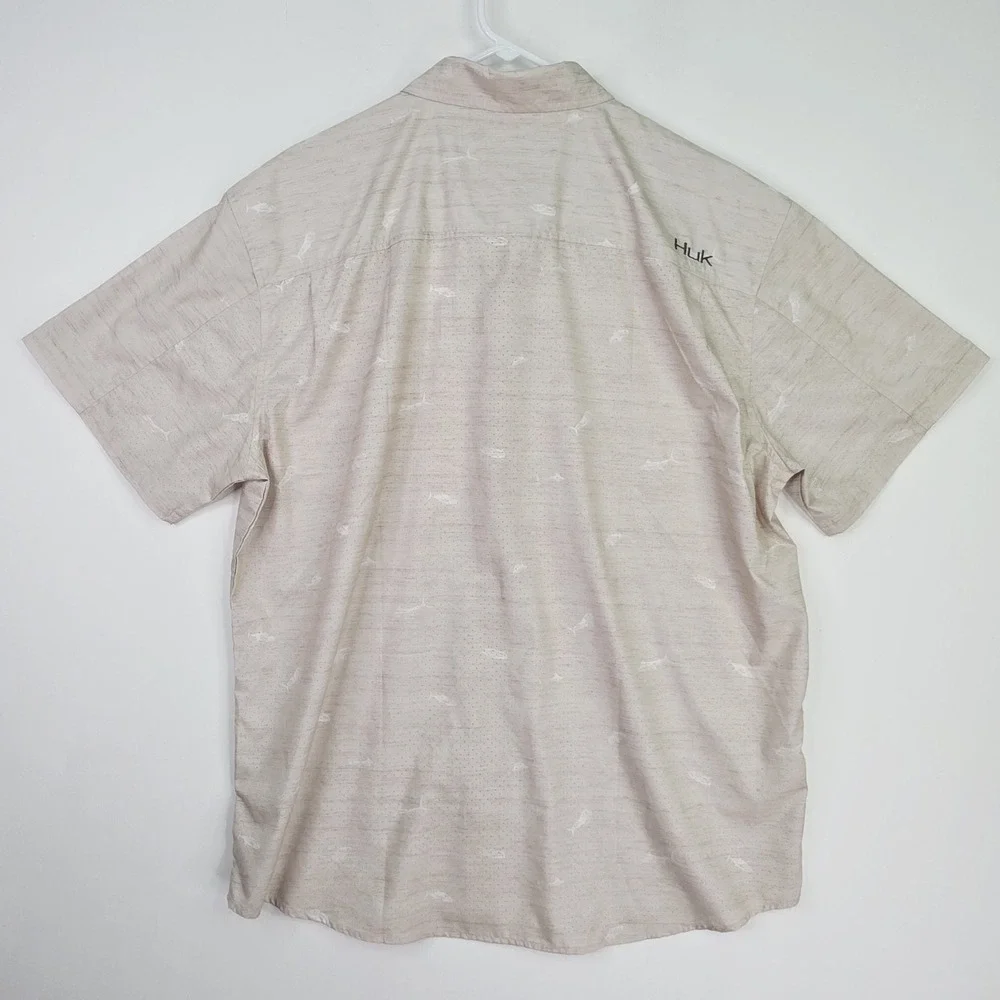 Huk Performance Men's XL Woven Teaser Short Sleeve Fish AOP Shirt-Bone/Brown - Picture 6 of 9